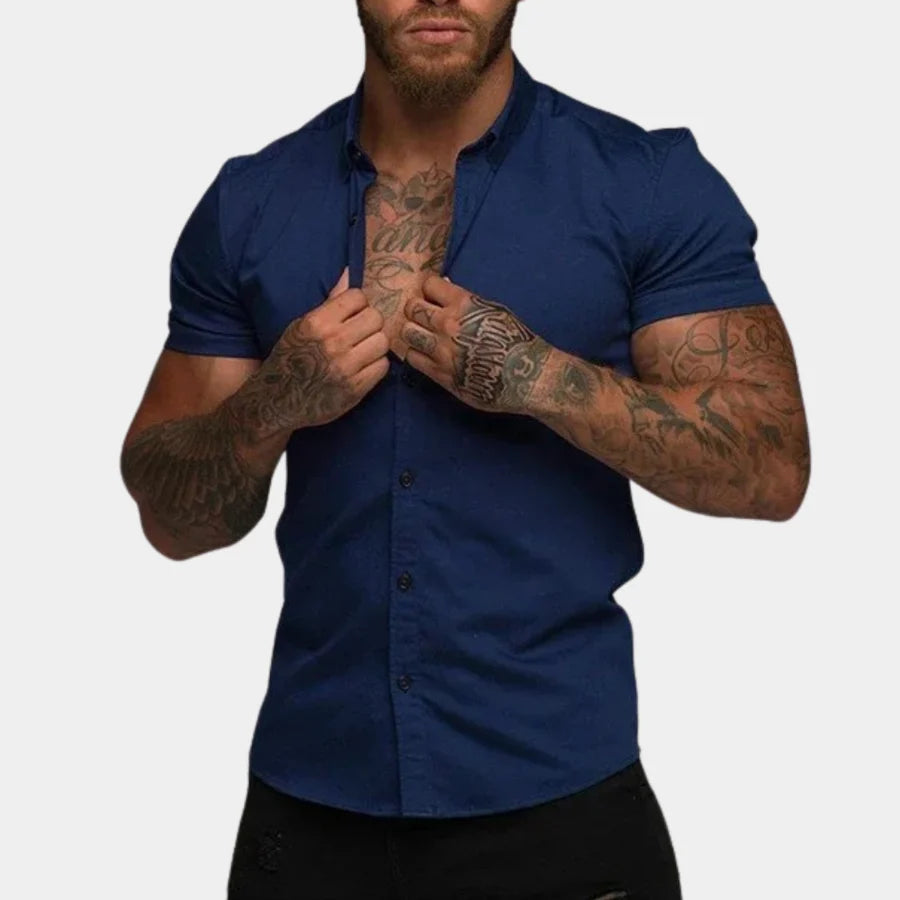 Kurzarmhemd | Slim Fit | Umlegekragen | Hemd mit Knöpfen | Herrenhemd-Blau-M-Chaps Herrenmode