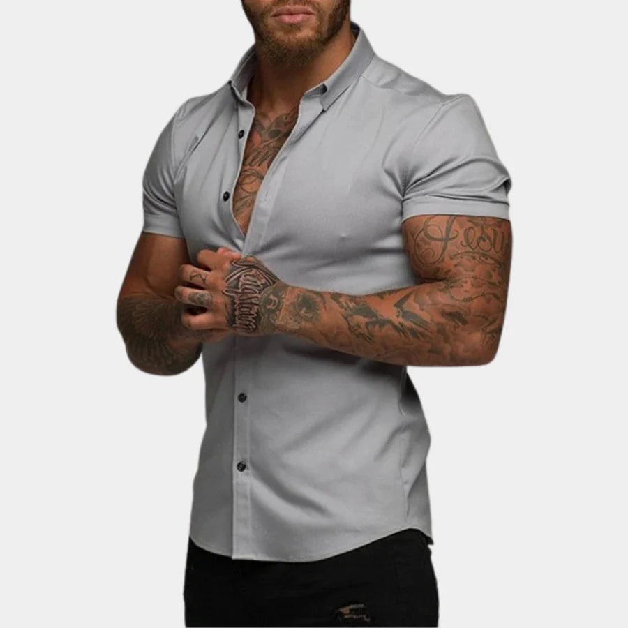 Kurzarmhemd | Slim Fit | Umlegekragen | Hemd mit Knöpfen | Herrenhemd-Grau-M-Chaps Herrenmode
