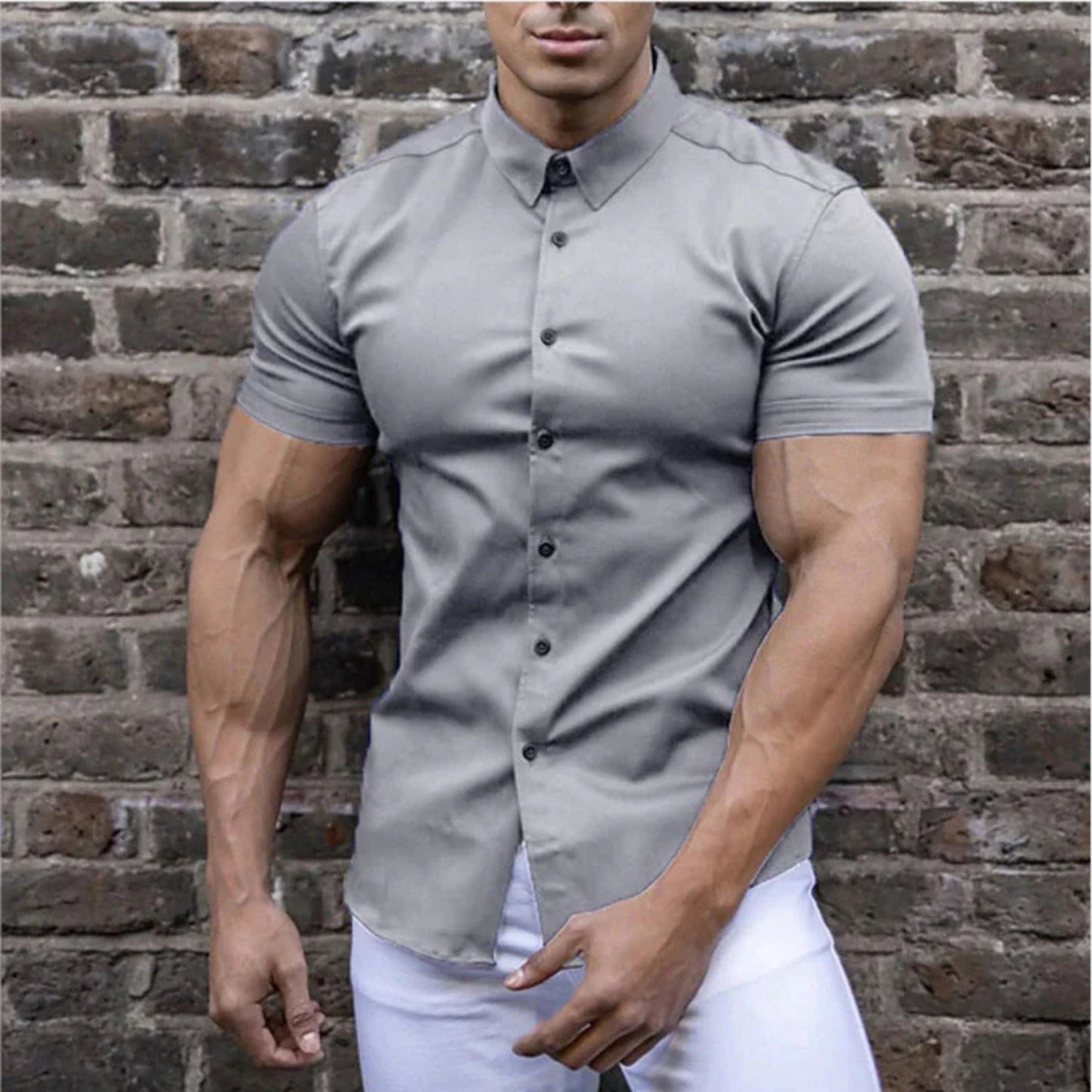 Kurzarmhemd – geknöpft – mit Kragen – Kurzarmhemd – Herrenhemden-Grau-M-Chaps Herrenmode