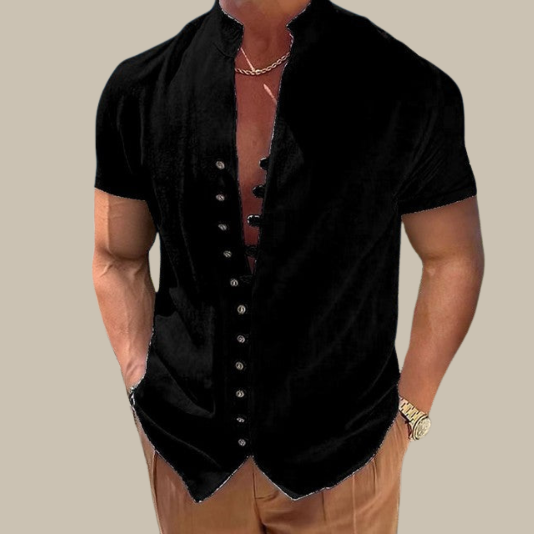 Kurzarmhemd – leichtes, atmungsaktives Sommerhemd mit Knopfleiste für Herren-Schwarz-S-Chaps Herrenmode