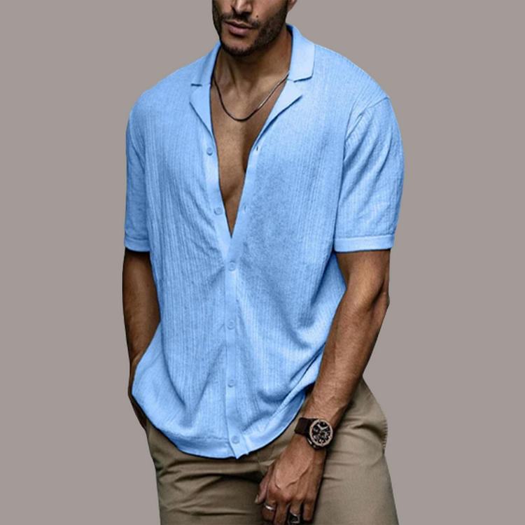 Kurzarmhemd mit Knopfleiste | Leicht | Lockere Passform | Poloshirt | Herrenhemden-Blau-S-Chaps Herrenmode
