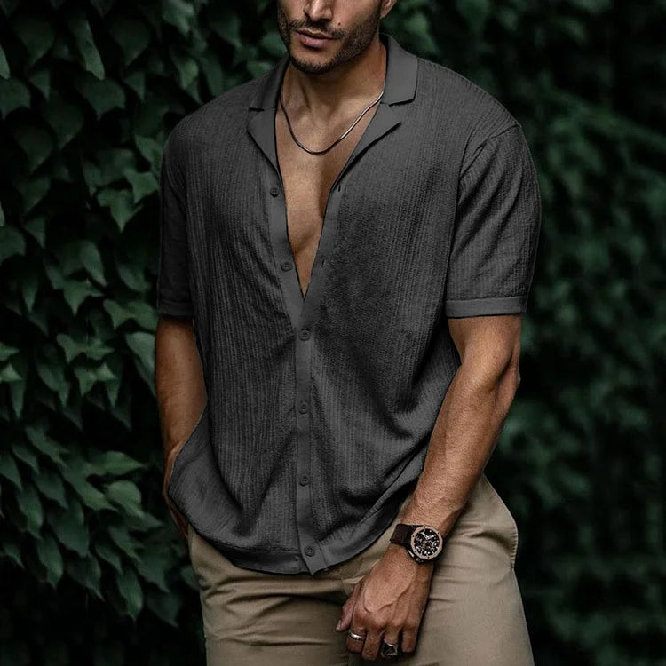Kurzarmhemd mit Knopfleiste | Leicht | Lockere Passform | Poloshirt | Herrenhemden-Grau-S-Chaps Herrenmode