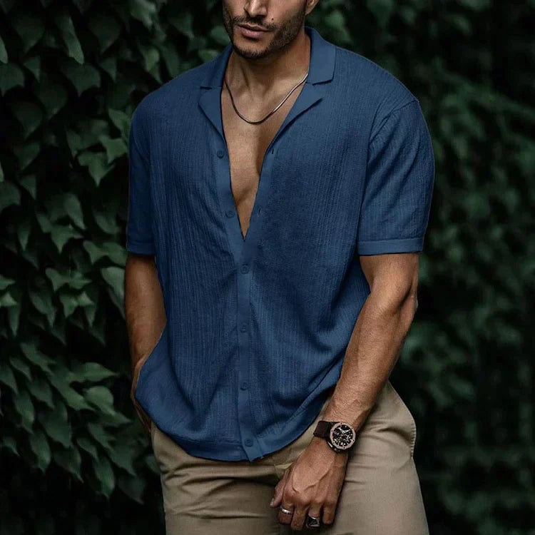Kurzarmhemd mit Knopfleiste | Leicht | Lockere Passform | Poloshirt | Herrenhemden-Marineblau-S-Chaps Herrenmode