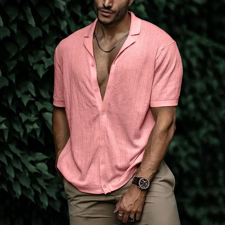 Kurzarmhemd mit Knopfleiste | Leicht | Lockere Passform | Poloshirt | Herrenhemden-Rosa-S-Chaps Herrenmode