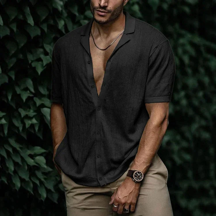 Kurzarmhemd mit Knopfleiste | Leicht | Lockere Passform | Poloshirt | Herrenhemden-Schwarz-S-Chaps Herrenmode