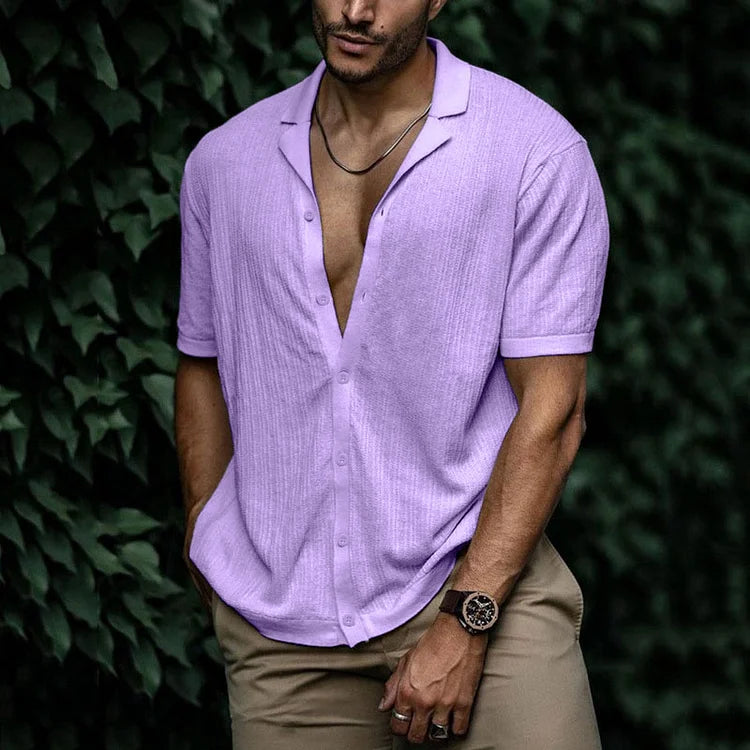 Kurzarmhemd mit Knopfleiste | Leicht | Lockere Passform | Poloshirt | Herrenhemden-Violett-S-Chaps Herrenmode