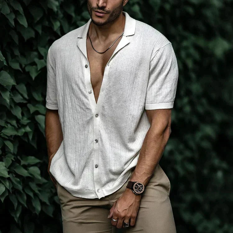 Kurzarmhemd mit Knopfleiste | Leicht | Lockere Passform | Poloshirt | Herrenhemden-Weiß-S-Chaps Herrenmode