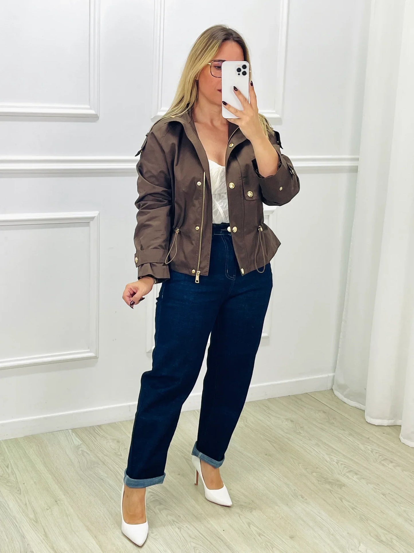 Kurze Trenchcoat-Jacke - Taille mit Kordelzug - Herbst - Kurzer Trenchcoat - Damenjacke-Chaps Herrenmode