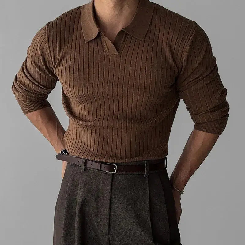 Langarm-Polo | Umlegekragen | Rippstrick | Poloshirts | Herrenhemden-Braun-S-Chaps Herrenmode