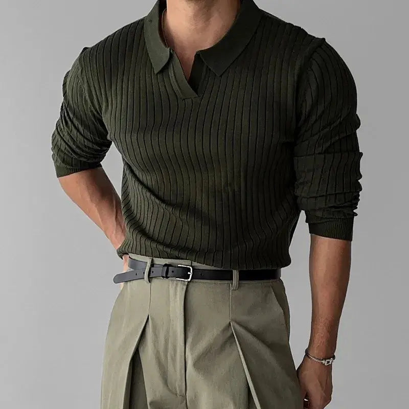 Langarm-Polo | Umlegekragen | Rippstrick | Poloshirts | Herrenhemden-Schwarz-S-Chaps Herrenmode