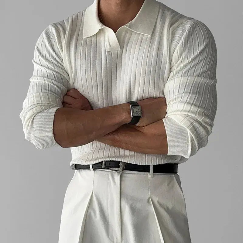 Langarm-Polo | Umlegekragen | Rippstrick | Poloshirts | Herrenhemden-Weiß-S-Chaps Herrenmode