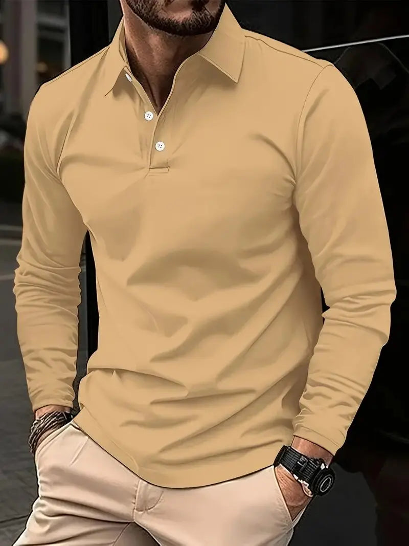 Langarm-Polohemd – Atmungsaktiv – Halbgeknöpft – Polohemd – Herrenhemden-Khaki-S-Chaps Herrenmode