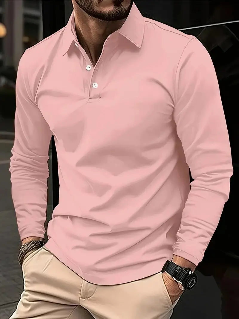 Langarm-Polohemd – Atmungsaktiv – Halbgeknöpft – Polohemd – Herrenhemden-Rosa-S-Chaps Herrenmode