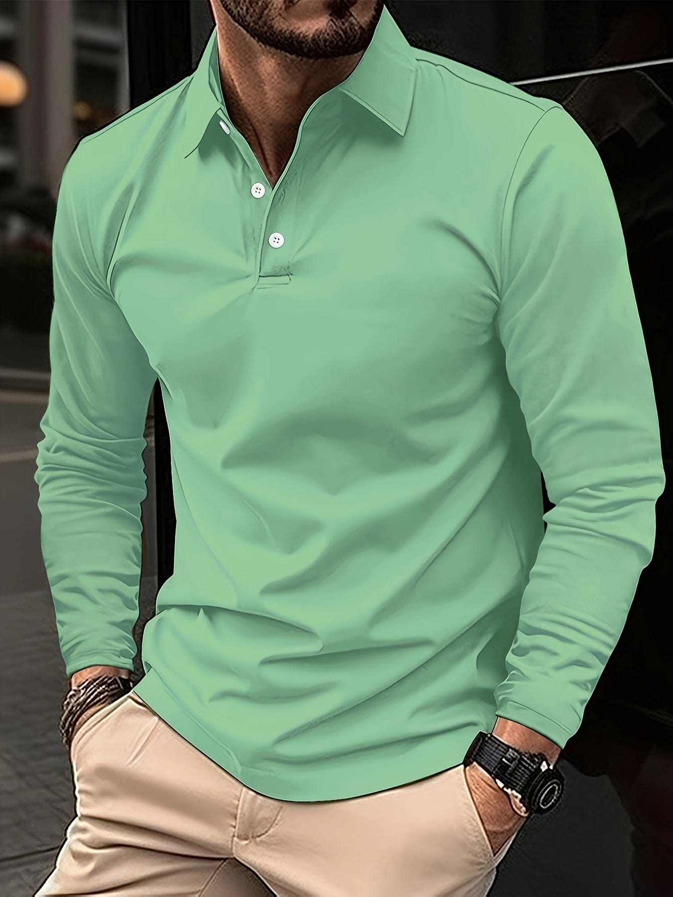 Langarm-Polohemd – Klassisches Herren-Polohemd mit halben Knöpfen-Grün-S-Chaps Herrenmode