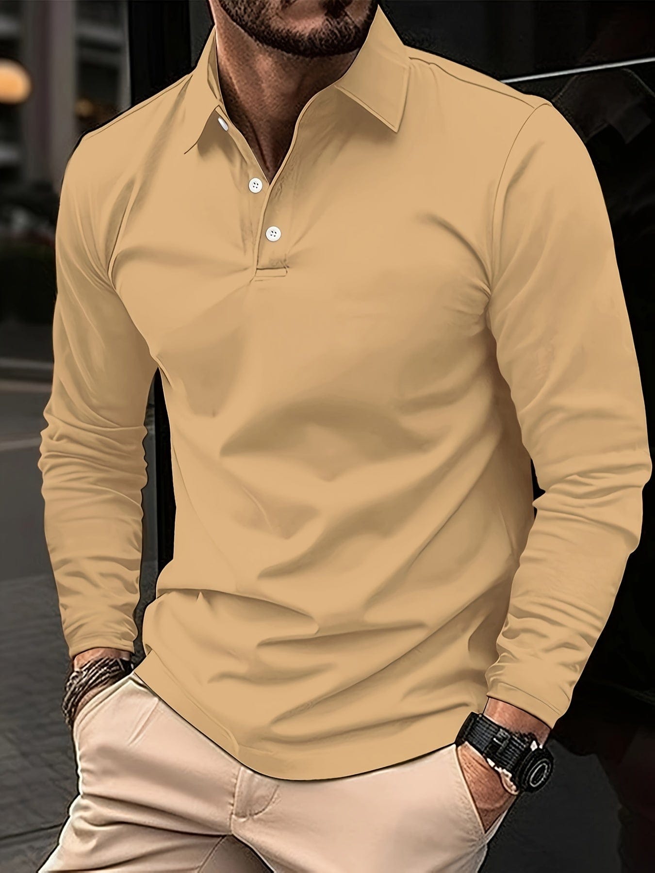 Langarm-Polohemd – Klassisches Herren-Polohemd mit halben Knöpfen-Khaki-S-Chaps Herrenmode