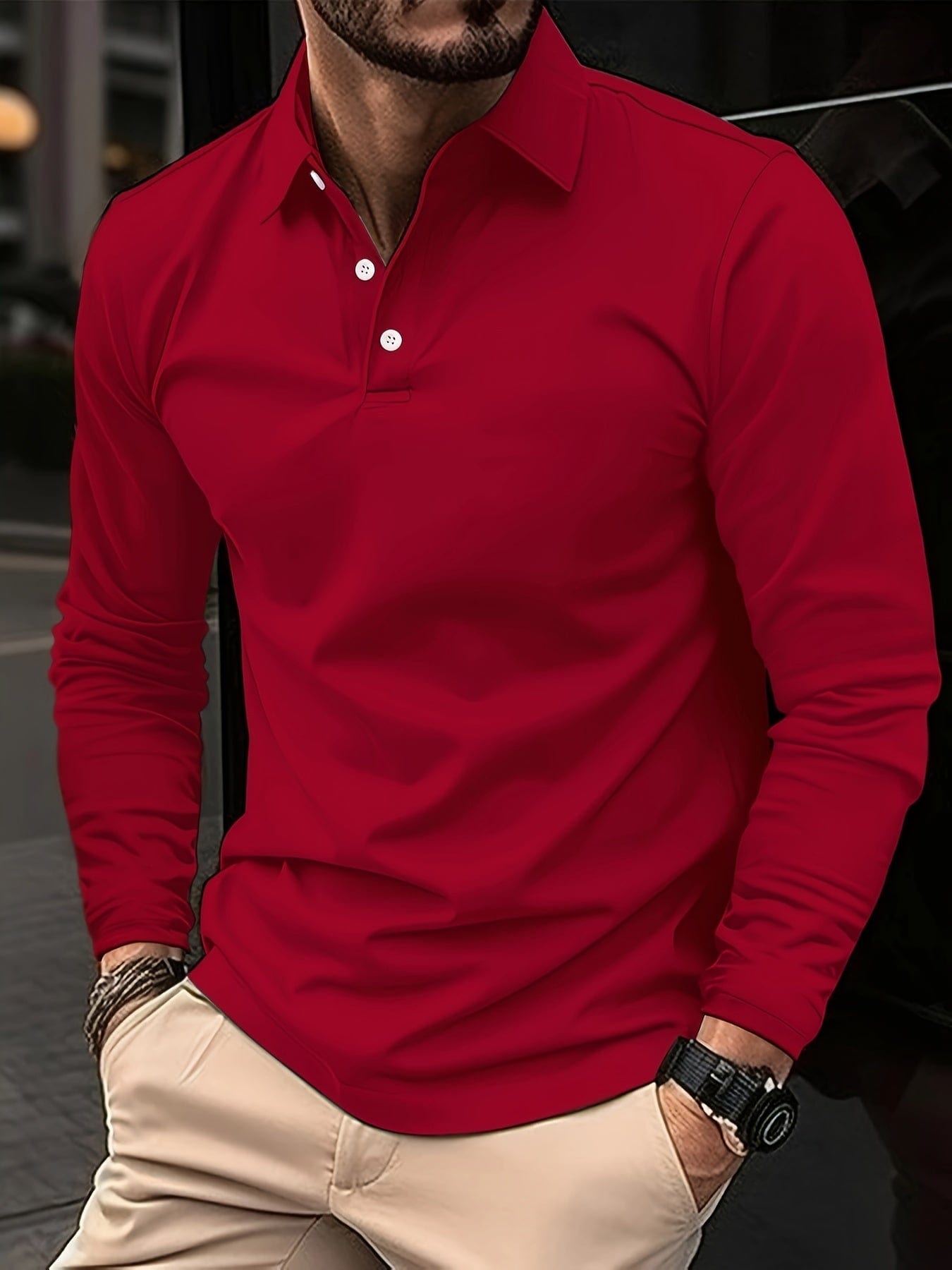 Langarm-Polohemd – Klassisches Herren-Polohemd mit halben Knöpfen-Rot-S-Chaps Herrenmode