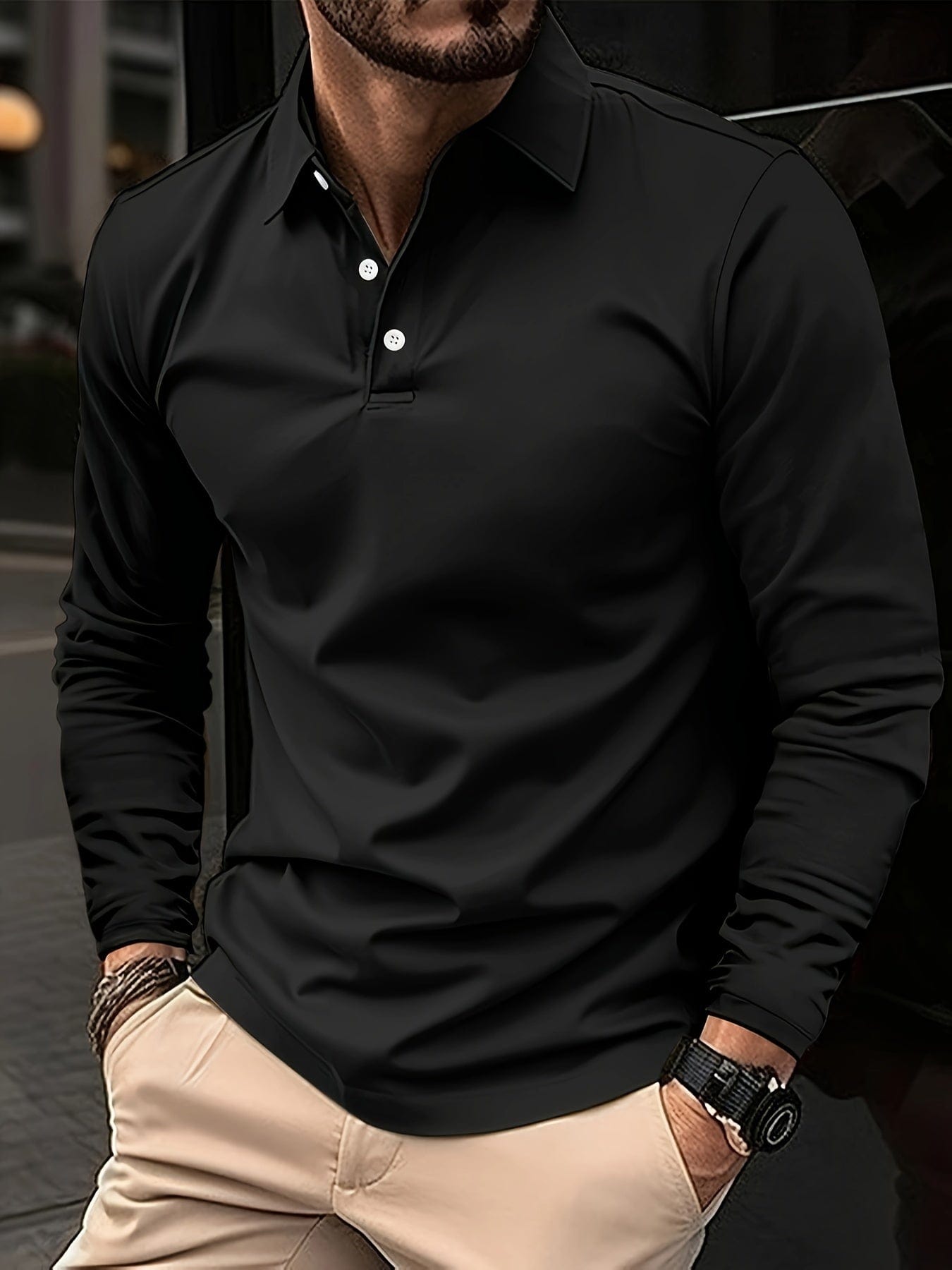 Langarm-Polohemd – Klassisches Herren-Polohemd mit halben Knöpfen-Schwarz-S-Chaps Herrenmode