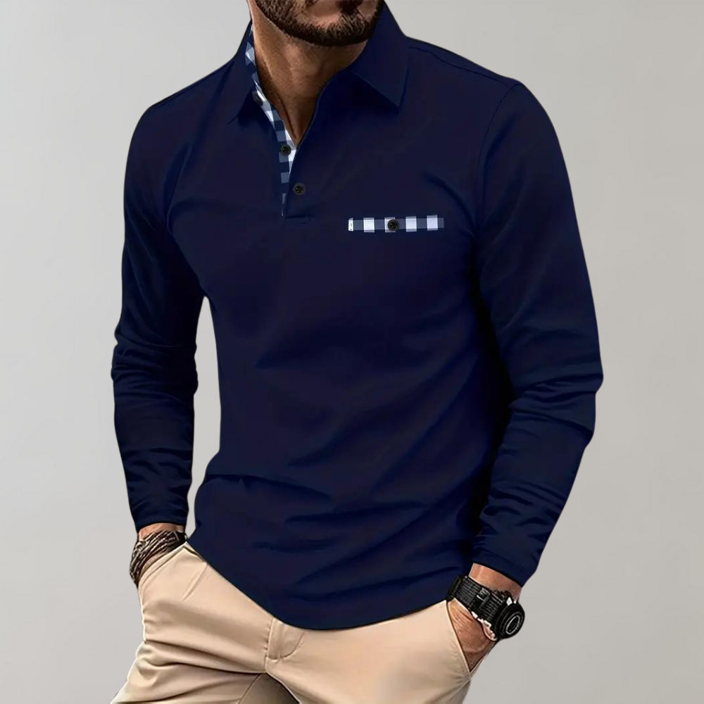 Langarm-Polohemd – halbe Knopfleiste – Umlegekragen – Langarmhemd – Herrenhemden-Marineblau-S-Chaps Herrenmode