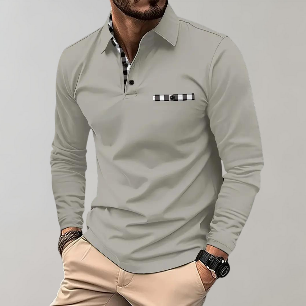 Langarm-Polohemd – halbe Knopfleiste – Umlegekragen – Langarmhemd – Herrenhemden-Silbergrau-S-Chaps Herrenmode