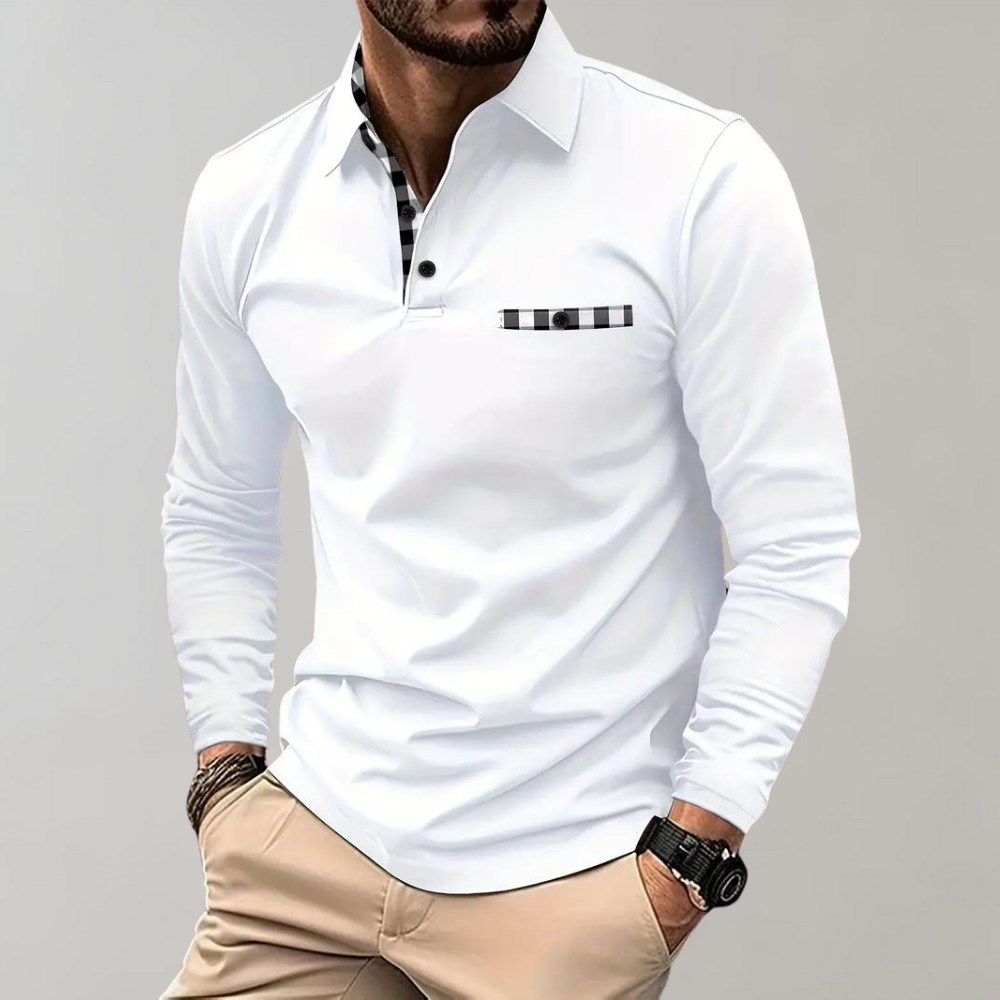 Langarm-Polohemd – halbe Knopfleiste – Umlegekragen – Langarmhemd – Herrenhemden-Weiß-S-Chaps Herrenmode