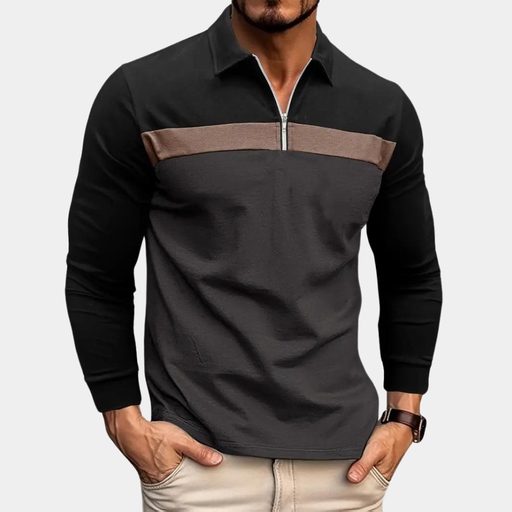 Langarm-Poloshirt – Langarm-T-Shirt mit Kragen und Viertelreißverschluss für Herren-Dunkelgrau-S-Chaps Herrenmode