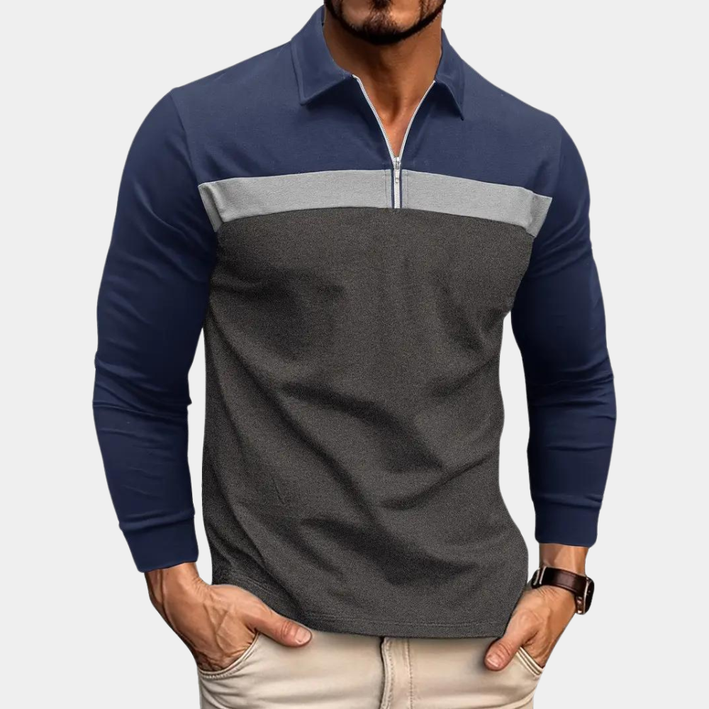 Langarm-Poloshirt – Langarm-T-Shirt mit Kragen und Viertelreißverschluss für Herren-Hellgrau-S-Chaps Herrenmode