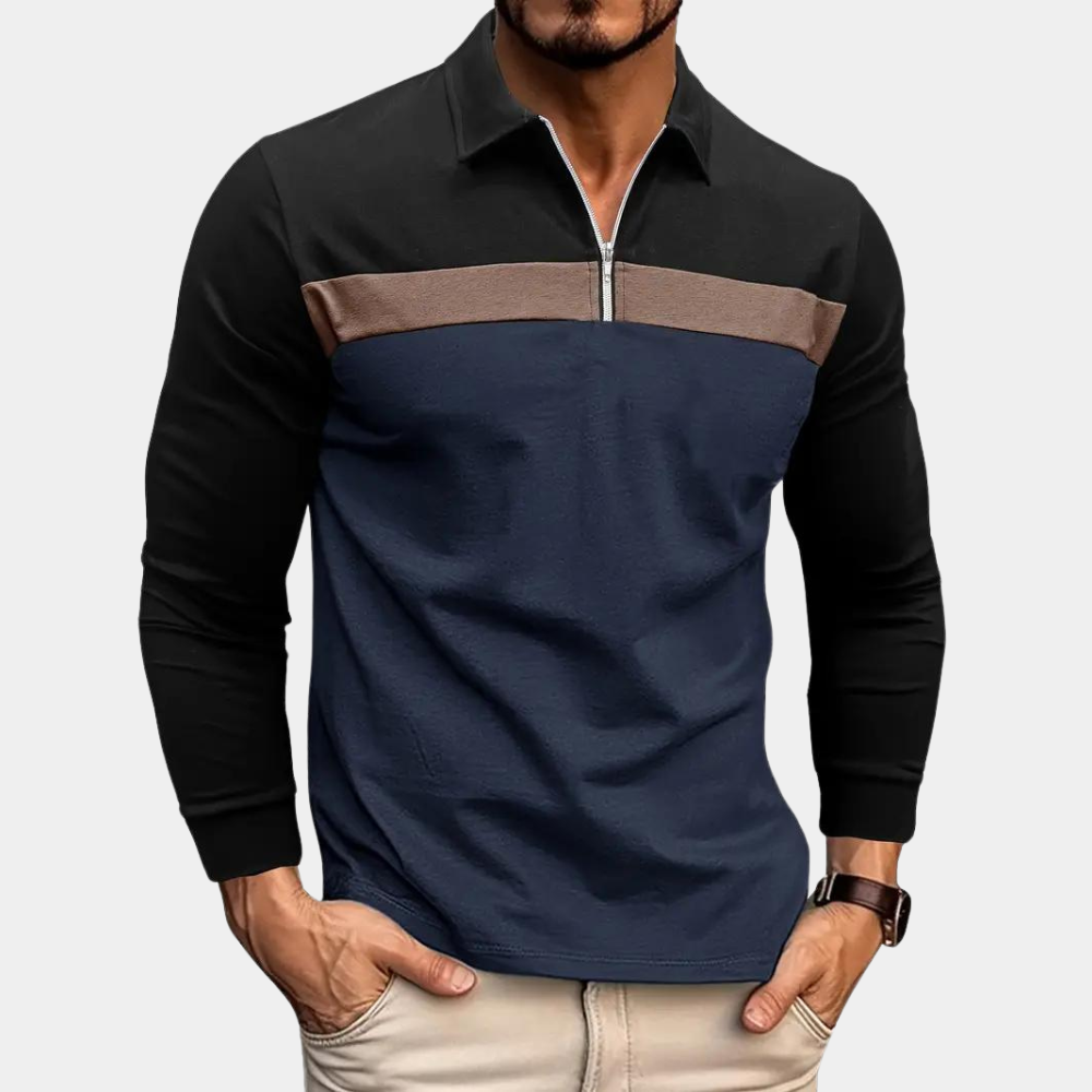 Langarm-Poloshirt – Langarm-T-Shirt mit Kragen und Viertelreißverschluss für Herren-Marineblau-S-Chaps Herrenmode