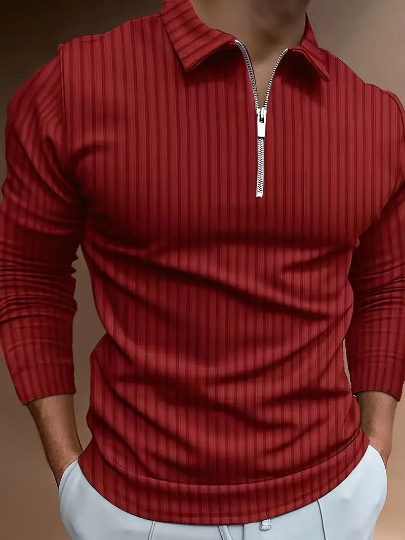 Langarm-Poloshirt | Viertelreißverschluss | schmale Passform | Polo mit halbem Reißverschluss | Herrenpullover-Burgunderrot-S-Chaps Herrenmode