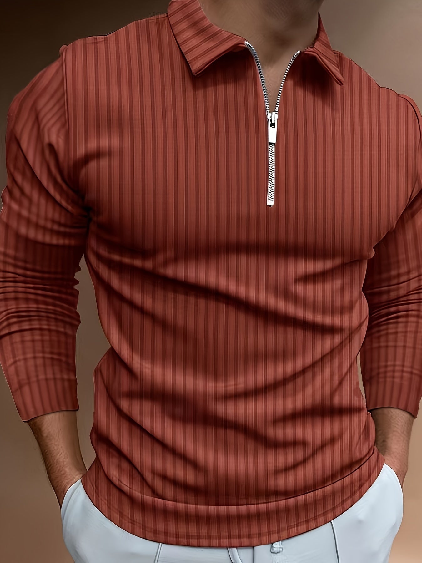 Langarm-Poloshirt | Viertelreißverschluss | schmale Passform | Polo mit halbem Reißverschluss | Herrenpullover-Dunkelbraun-S-Chaps Herrenmode