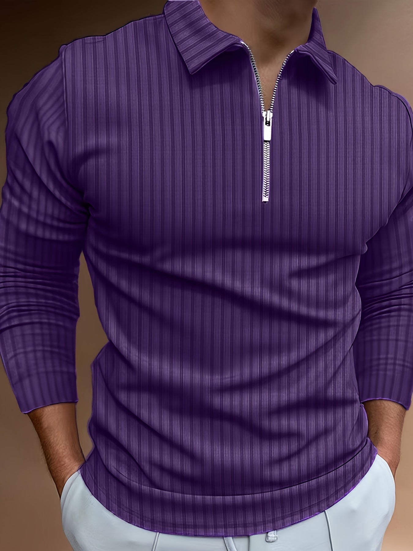 Langarm-Poloshirt | Viertelreißverschluss | schmale Passform | Polo mit halbem Reißverschluss | Herrenpullover-Dunkelviolett-S-Chaps Herrenmode