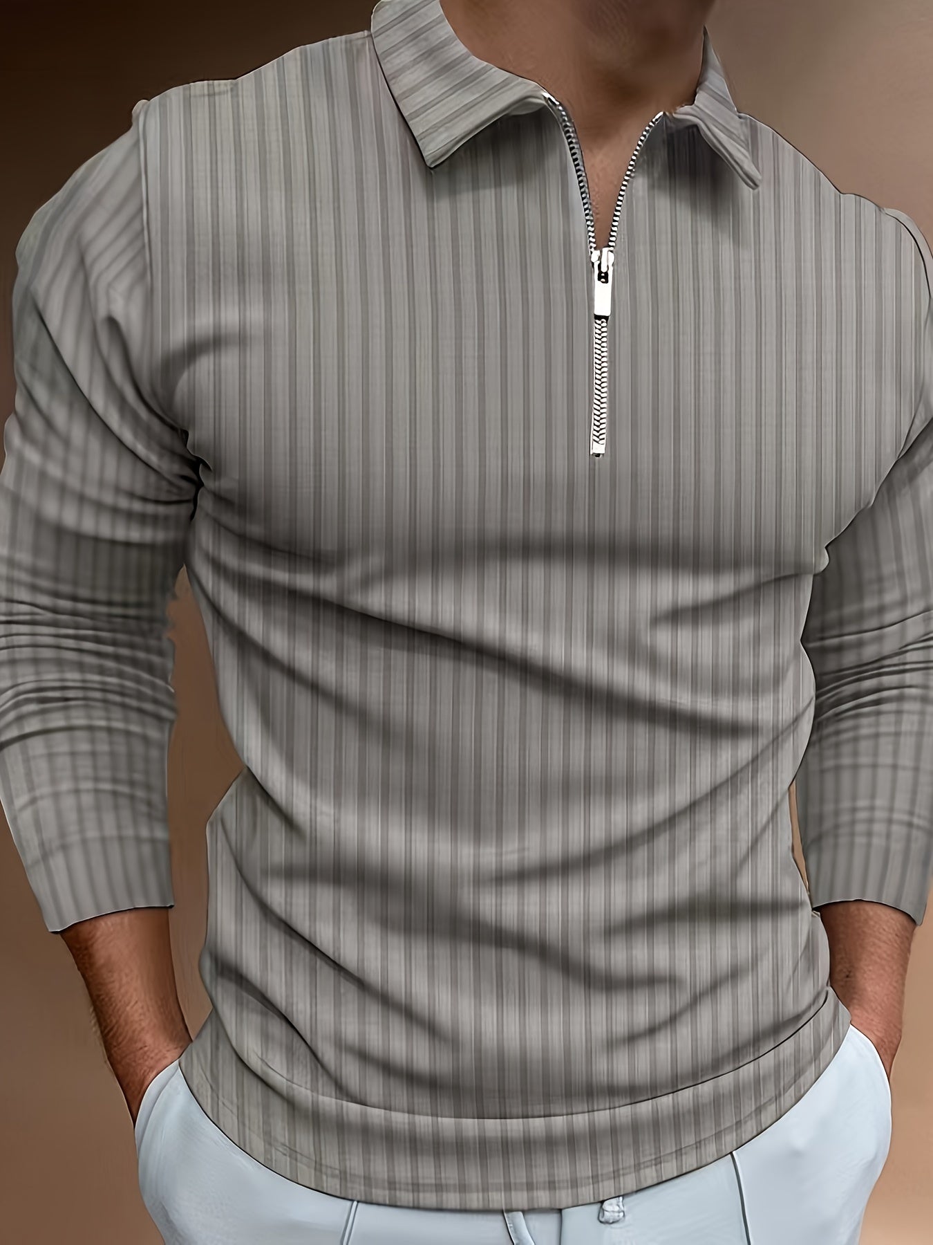 Langarm-Poloshirt | Viertelreißverschluss | schmale Passform | Polo mit halbem Reißverschluss | Herrenpullover-Grau-S-Chaps Herrenmode
