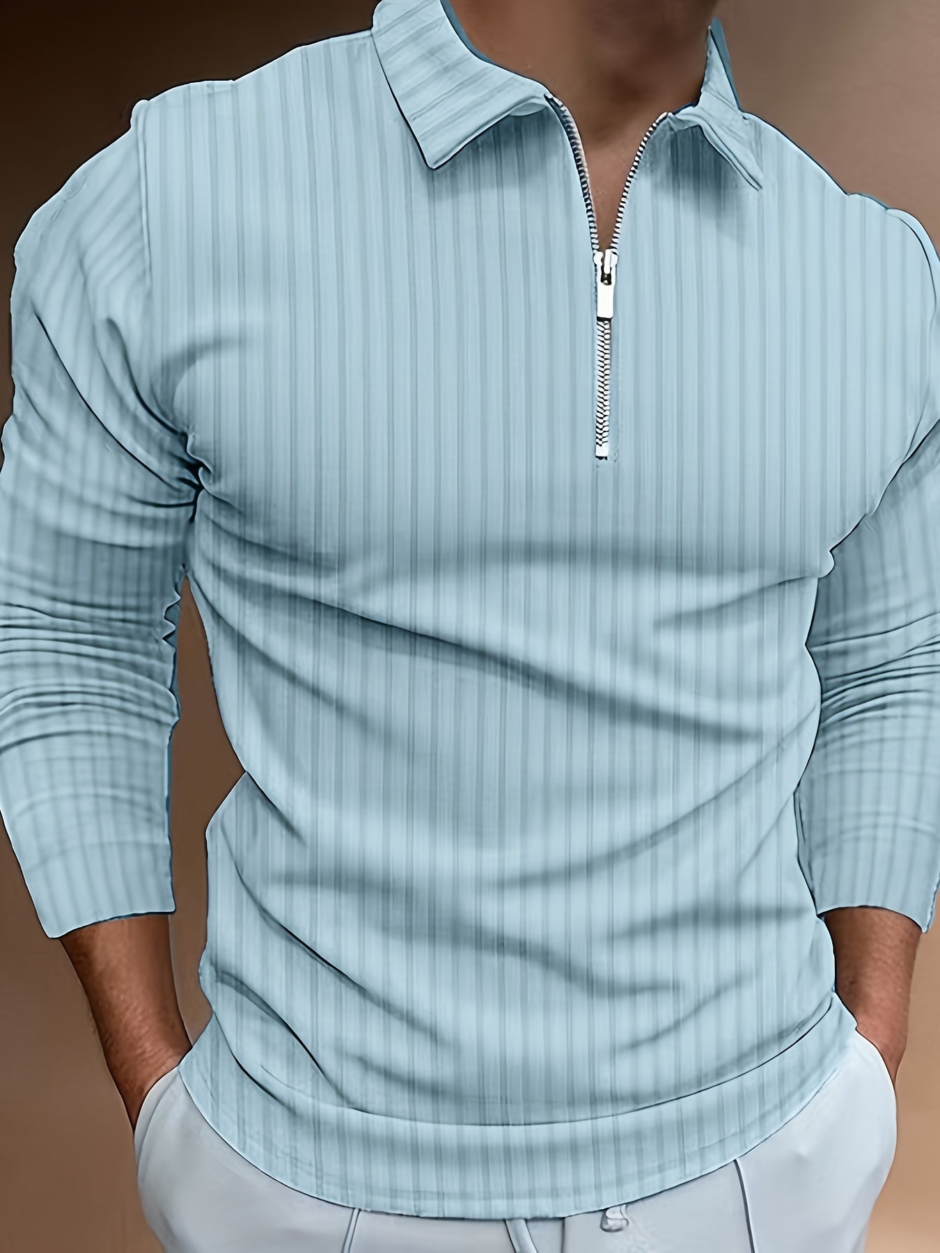 Langarm-Poloshirt | Viertelreißverschluss | schmale Passform | Polo mit halbem Reißverschluss | Herrenpullover-Hellblau-S-Chaps Herrenmode