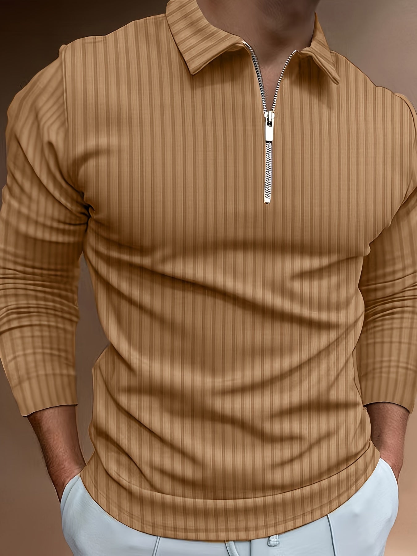 Langarm-Poloshirt | Viertelreißverschluss | schmale Passform | Polo mit halbem Reißverschluss | Herrenpullover-Khaki-S-Chaps Herrenmode