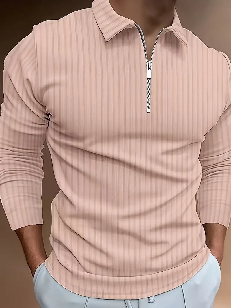 Langarm-Poloshirt | Viertelreißverschluss | schmale Passform | Polo mit halbem Reißverschluss | Herrenpullover-Rosa-S-Chaps Herrenmode