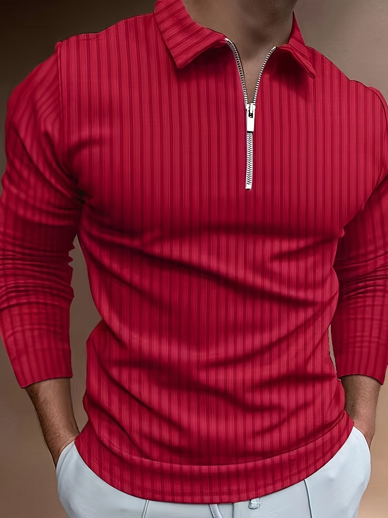 Langarm-Poloshirt | Viertelreißverschluss | schmale Passform | Polo mit halbem Reißverschluss | Herrenpullover-Rot-S-Chaps Herrenmode