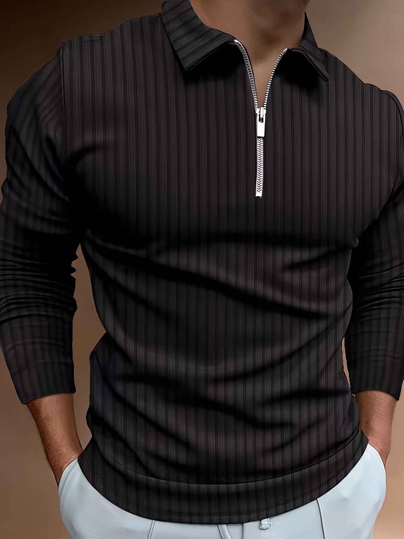 Langarm-Poloshirt | Viertelreißverschluss | schmale Passform | Polo mit halbem Reißverschluss | Herrenpullover-Schwarz-S-Chaps Herrenmode