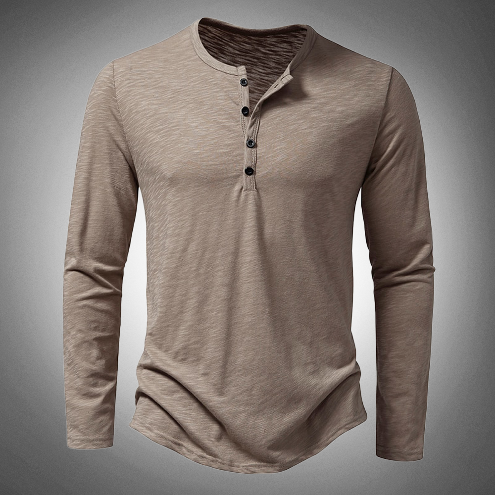 Langarm-T-Shirt – Baumwolle – Viertelknopfleiste – Einfarbige Langarmhemden – Herrenbekleidung-Beige-S-Chaps Herrenmode