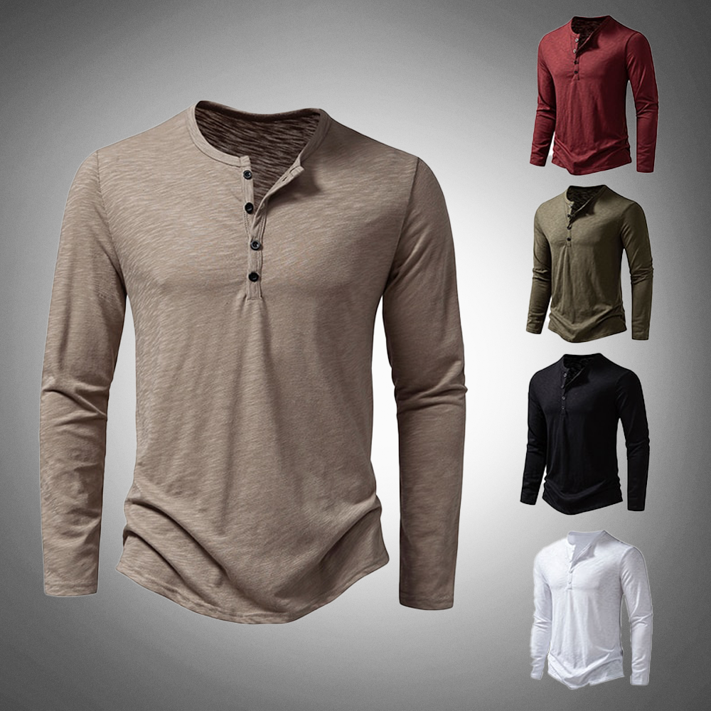 Langarm-T-Shirt – Baumwolle – Viertelknopfleiste – Einfarbige Langarmhemden – Herrenbekleidung-Chaps Herrenmode