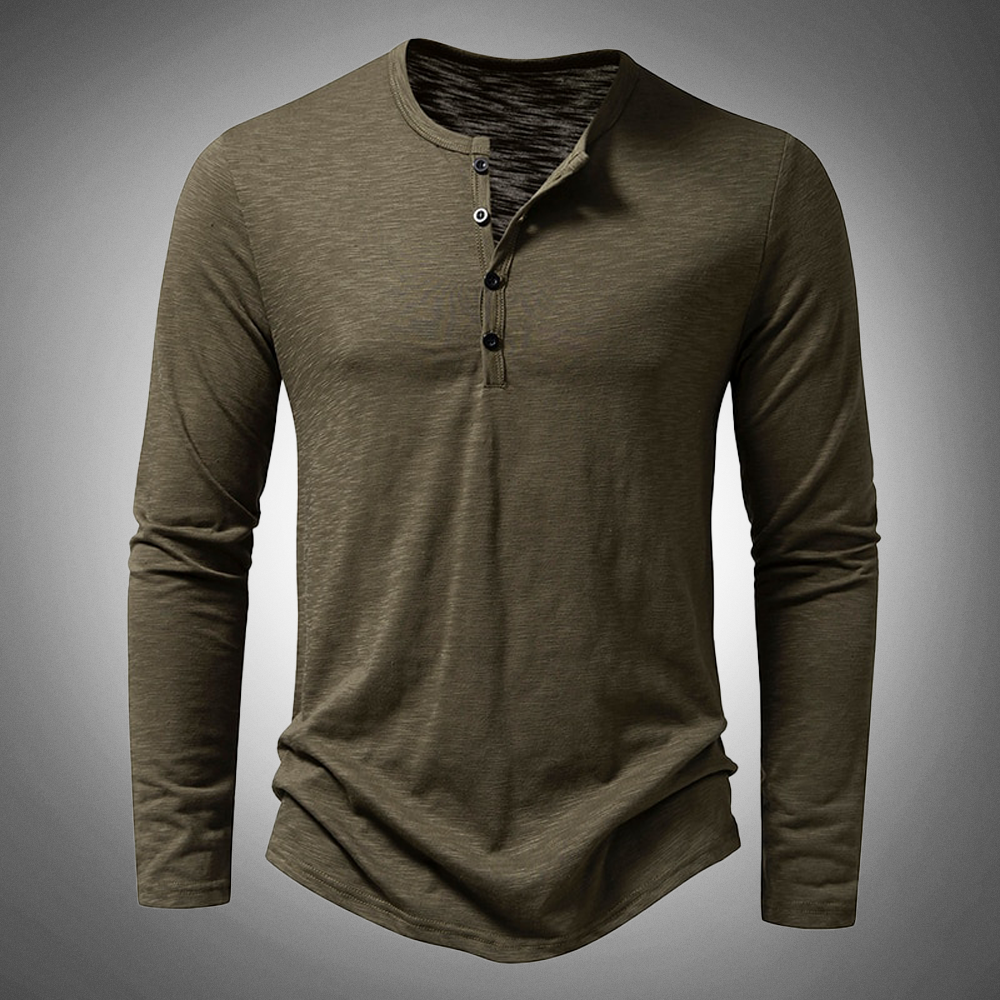 Langarm-T-Shirt – Baumwolle – Viertelknopfleiste – Einfarbige Langarmhemden – Herrenbekleidung-Grün-S-Chaps Herrenmode