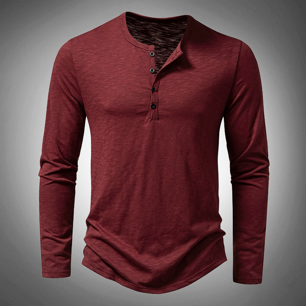 Langarm-T-Shirt – Baumwolle – Viertelknopfleiste – Einfarbige Langarmhemden – Herrenbekleidung-Rot-S-Chaps Herrenmode