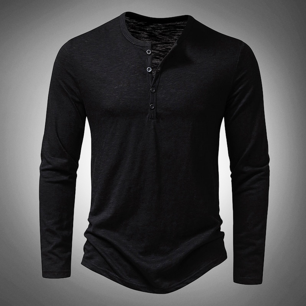 Langarm-T-Shirt – Baumwolle – Viertelknopfleiste – Einfarbige Langarmhemden – Herrenbekleidung-Schwarz-S-Chaps Herrenmode