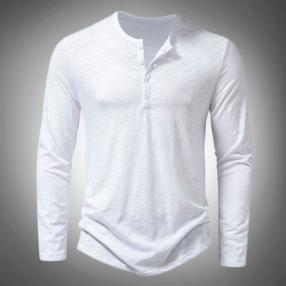Langarm-T-Shirt – Baumwolle – Viertelknopfleiste – Einfarbige Langarmhemden – Herrenbekleidung-Weiß-S-Chaps Herrenmode