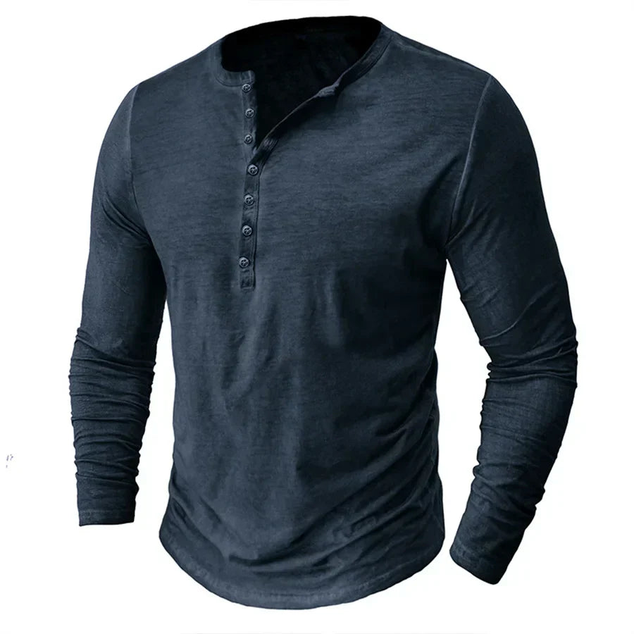 Langarm-T-Shirt – Halbknopfleiste – Pullover – Henley-Shirt – Herrenhemd-Blau-S-Chaps Herrenmode