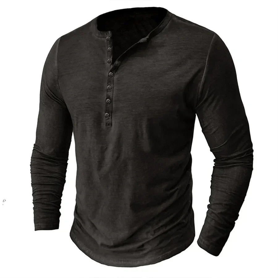 Langarm-T-Shirt – Halbknopfleiste – Pullover – Henley-Shirt – Herrenhemd-Dunkelgrau-S-Chaps Herrenmode