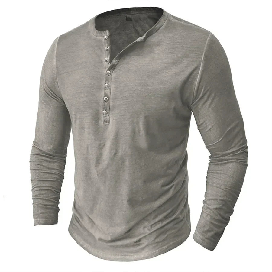 Langarm-T-Shirt – Halbknopfleiste – Pullover – Henley-Shirt – Herrenhemd-Grau-S-Chaps Herrenmode