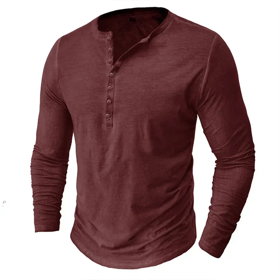 Langarm-T-Shirt – Halbknopfleiste – Pullover – Henley-Shirt – Herrenhemd-Rot-S-Chaps Herrenmode