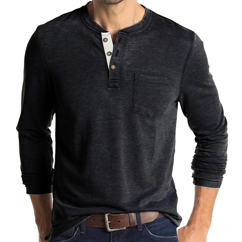 Langarm-T-Shirt – Herren-Basic-Shirt mit Rundhalsausschnitt und viertem Knopf-Dunkelgrau-S-Chaps Herrenmode