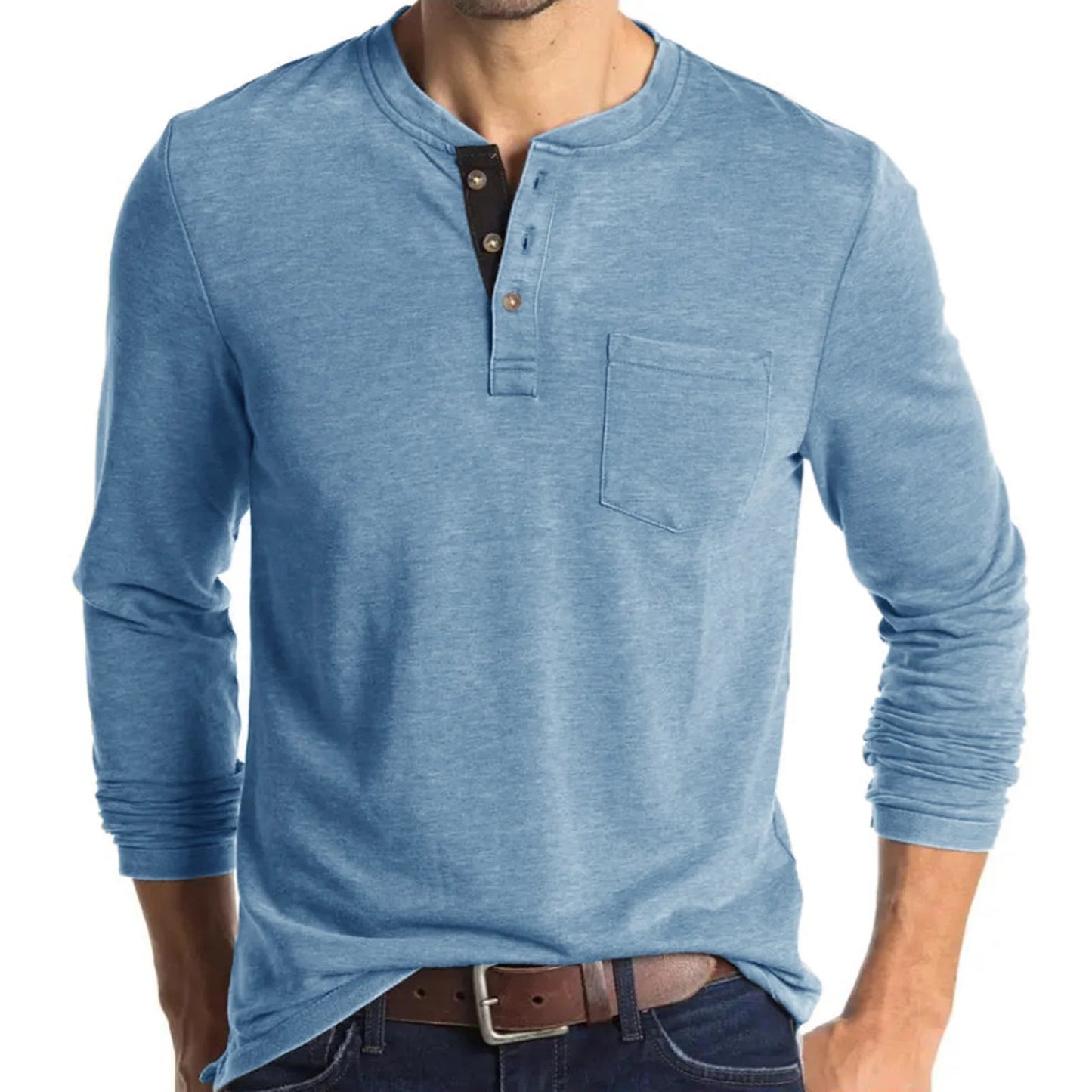 Langarm-T-Shirt – Herren-Basic-Shirt mit Rundhalsausschnitt und viertem Knopf-Hellblau-S-Chaps Herrenmode