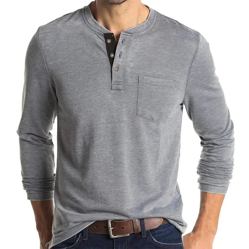 Langarm-T-Shirt – Herren-Basic-Shirt mit Rundhalsausschnitt und viertem Knopf-Hellgrau-S-Chaps Herrenmode