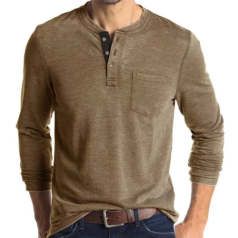 Langarm-T-Shirt – Herren-Basic-Shirt mit Rundhalsausschnitt und viertem Knopf-Khaki-S-Chaps Herrenmode